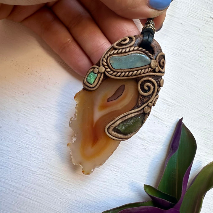 Agate Aquamarine Moldavite and Tibetan Turquoise Pendant Necklace - FairyGardenGlow