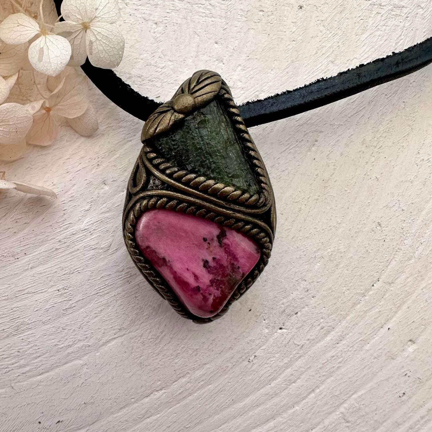 Rhodonite and Moldavite Pendant Necklace - FairyGardenGlow