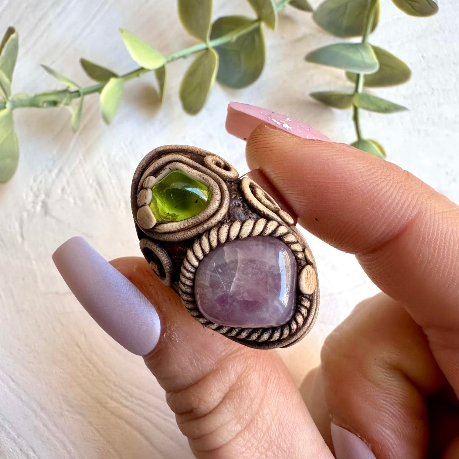 Lavender Quartz and Peridot Ring