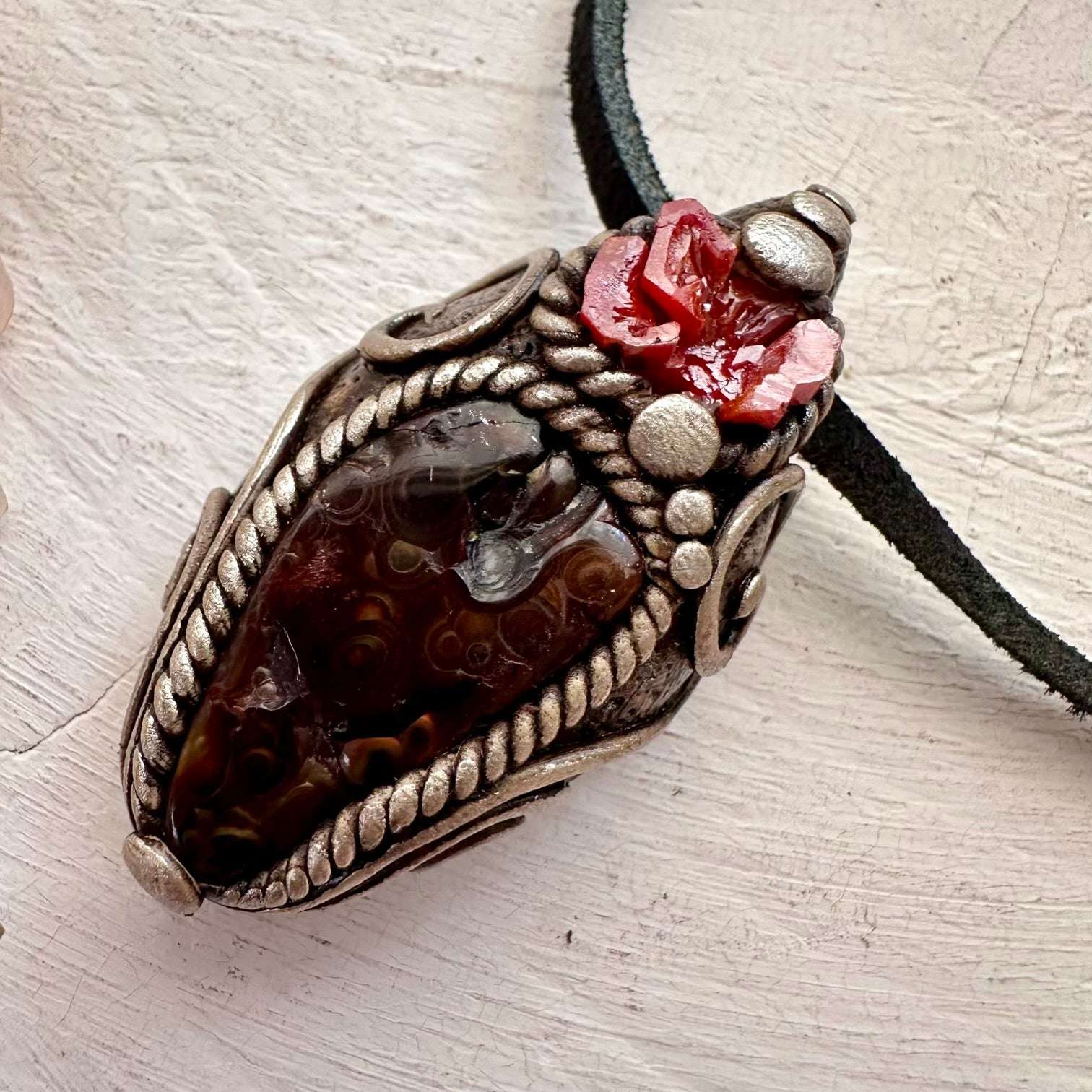 Fire Agate and Vanadinite Pendant, Handmade Crystal Jewelry - FairyGardenGlow
