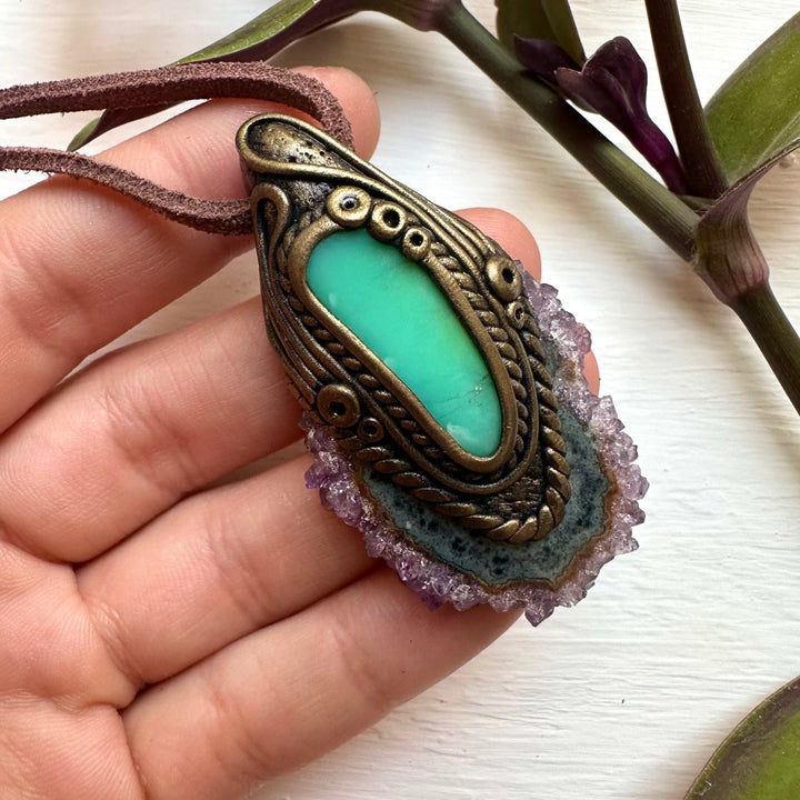 Amethyst Stalactite and Chrysoprase Pendant Necklace - FairyGardenGlow