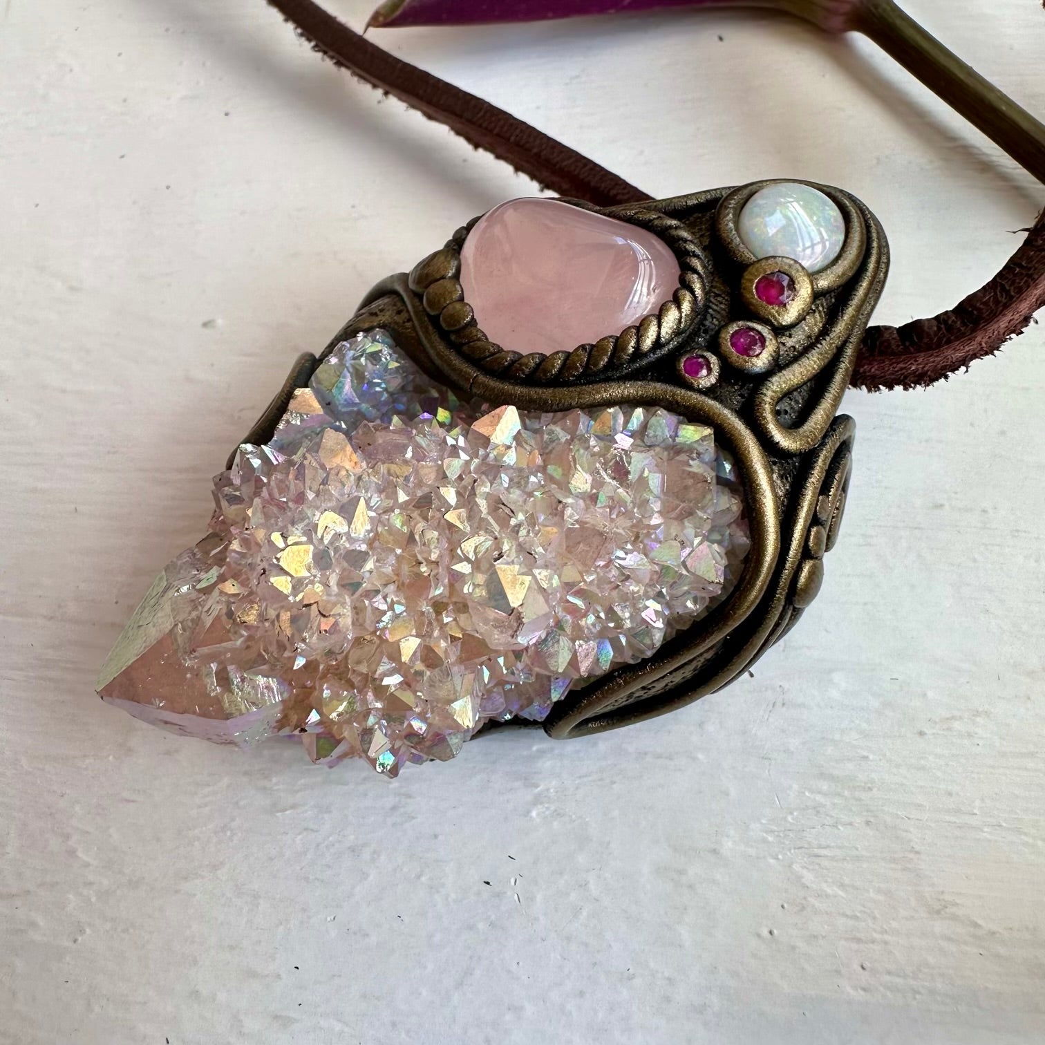 Angel Aura Spirit Quartz Rose Quartz Heart Australian Opal and Ruby Wand / Necklace - FairyGardenGlow