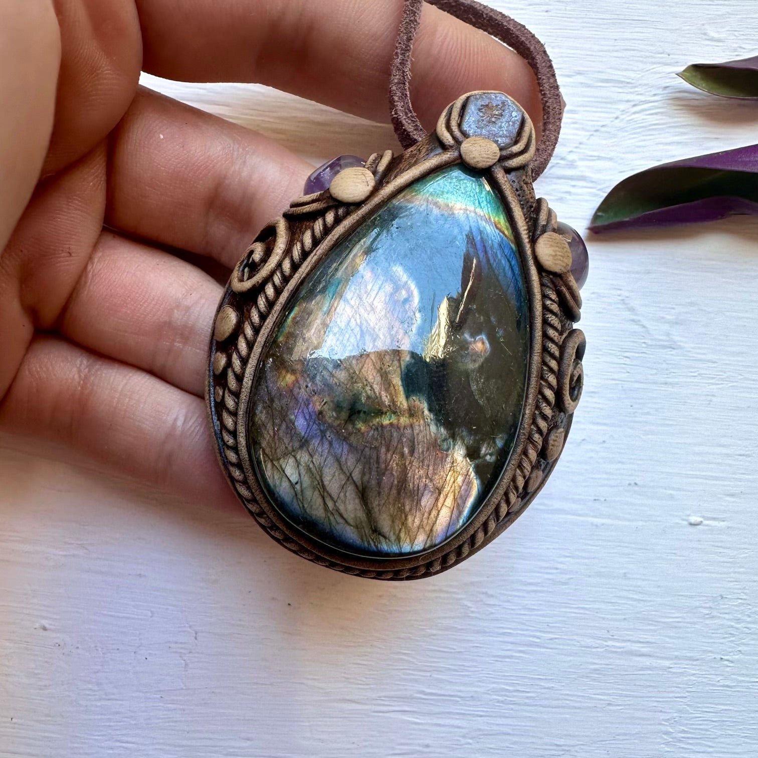 Labradorite Boulder Opal and Amethyst Necklace - FairyGardenGlow