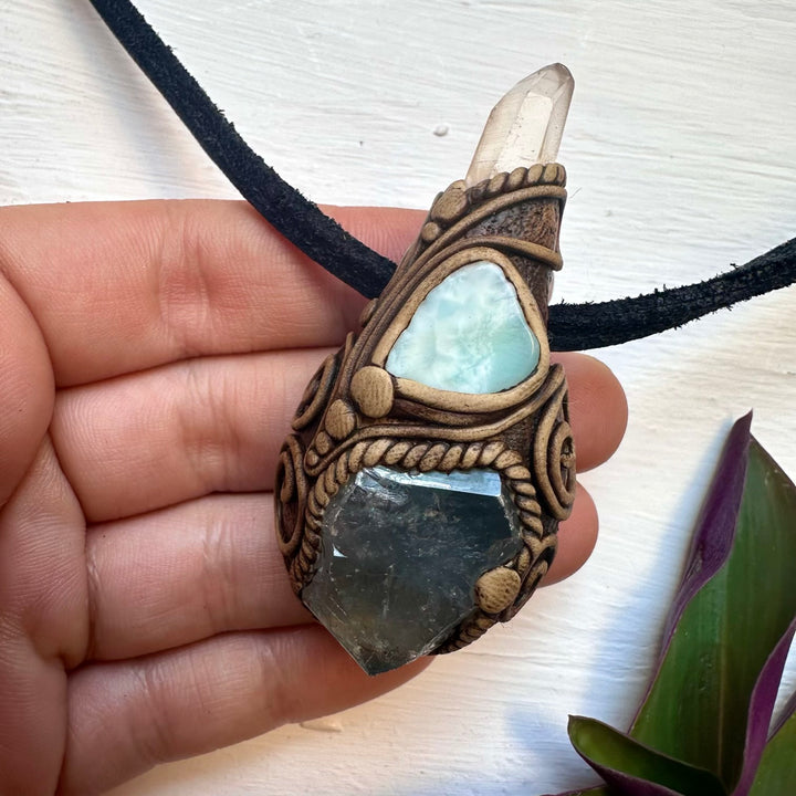 Celestite Clear Quartz and Larimar Necklace, Handmade Crystal Pendant - FairyGardenGlow
