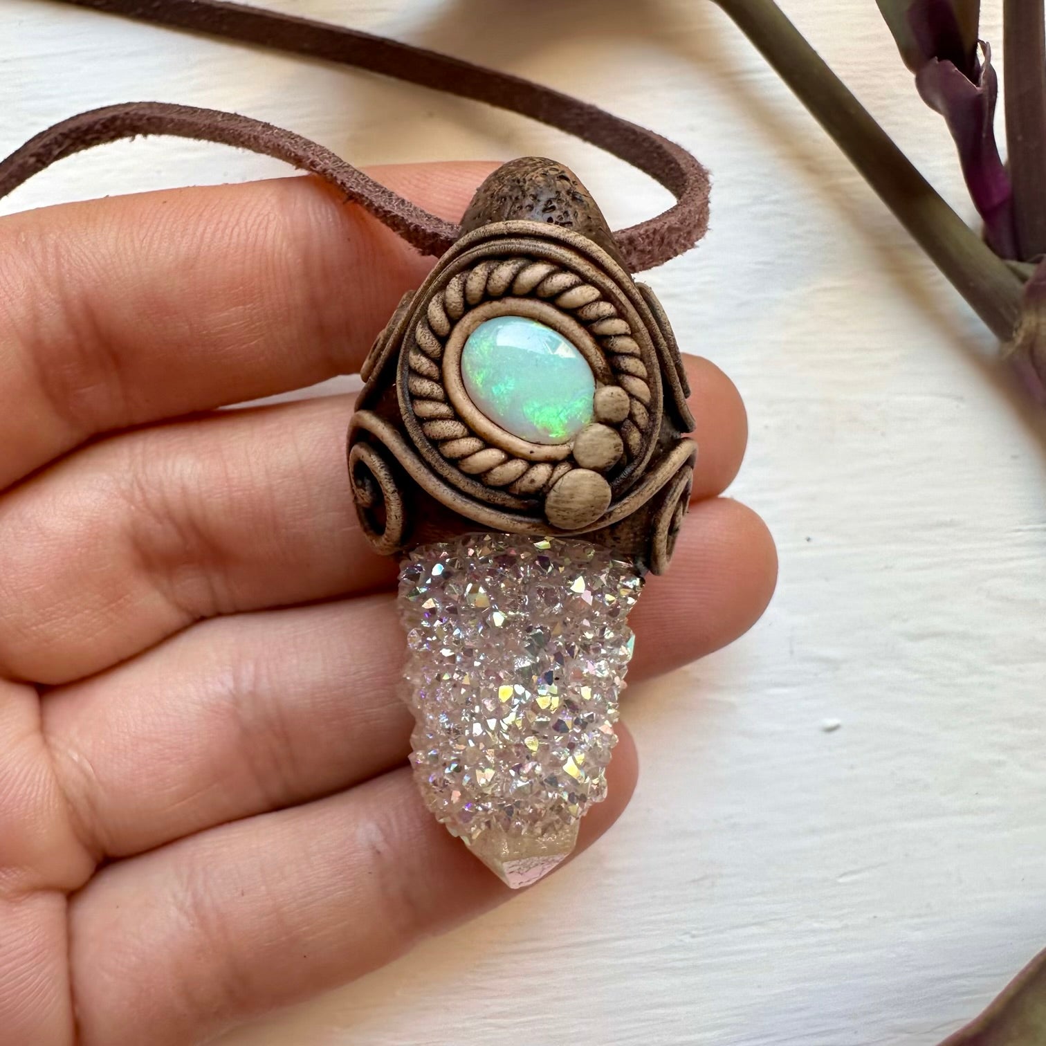 Angel Aura Spirit Quartz and Australian Opal Necklace - FairyGardenGlow