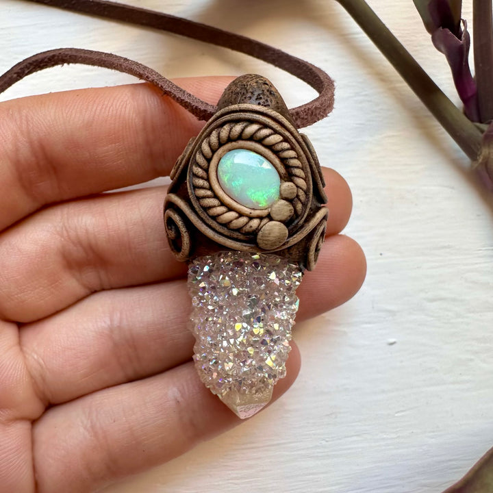 Angel Aura Spirit Quartz and Australian Opal Necklace - FairyGardenGlow