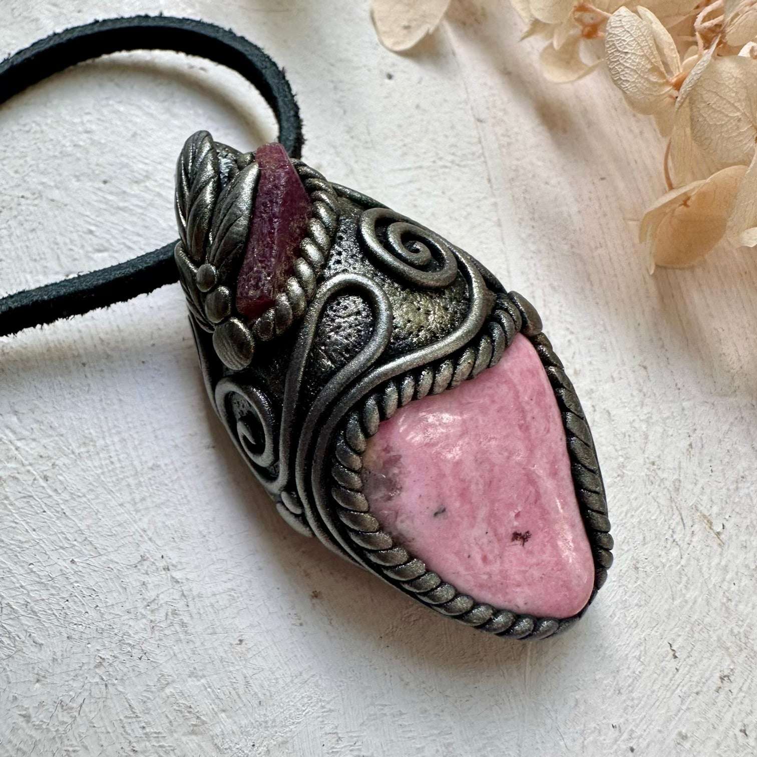 Peruvian Rhodonite and Raw Ruby Pendant Necklace - FairyGardenGlow