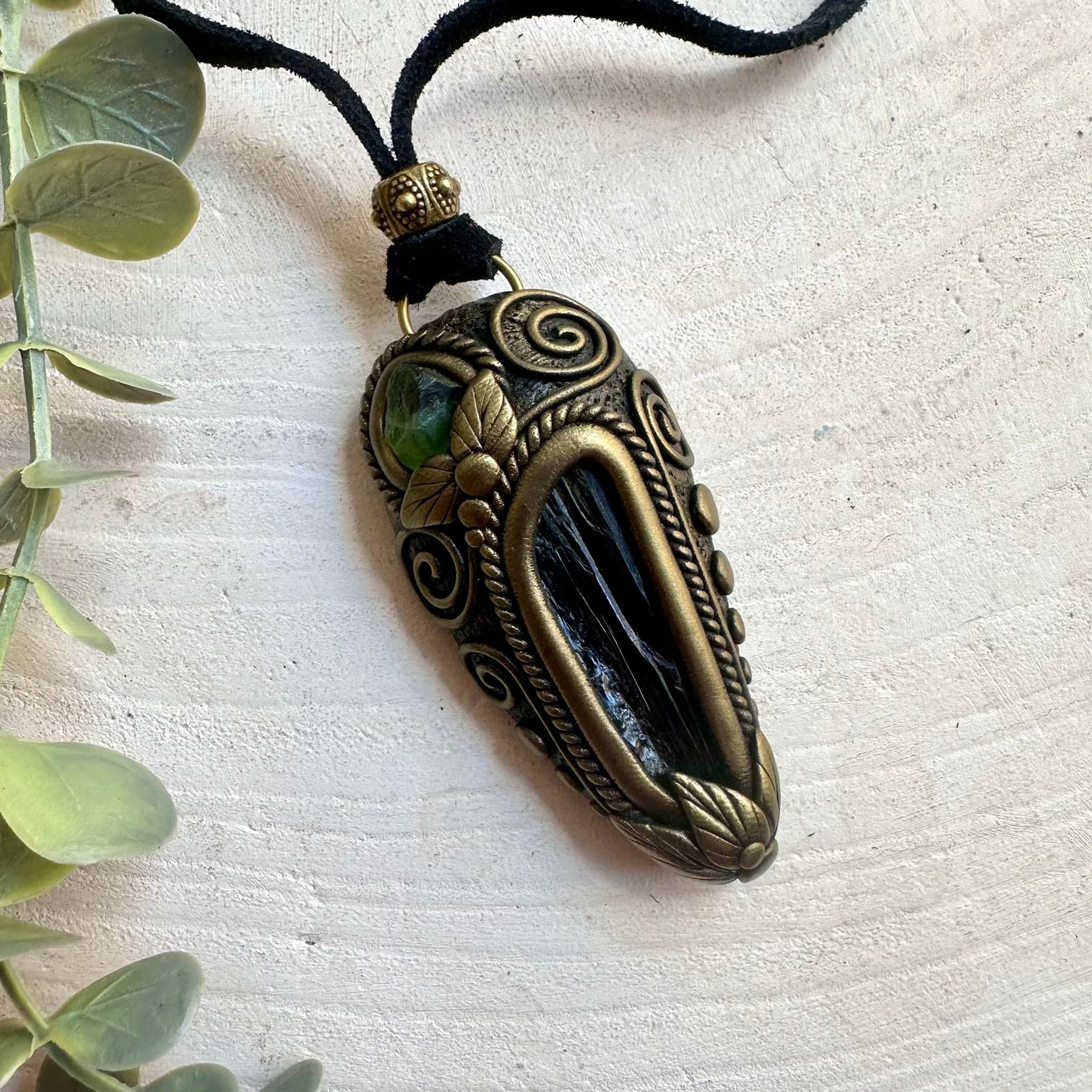 Vivianite and Peridot Raw Crystal Unisex Necklace