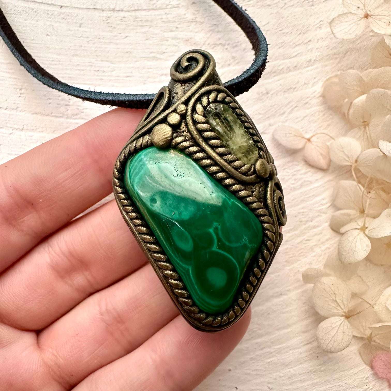 Malachite and Brazilianite Pendant Necklace - FairyGardenGlow