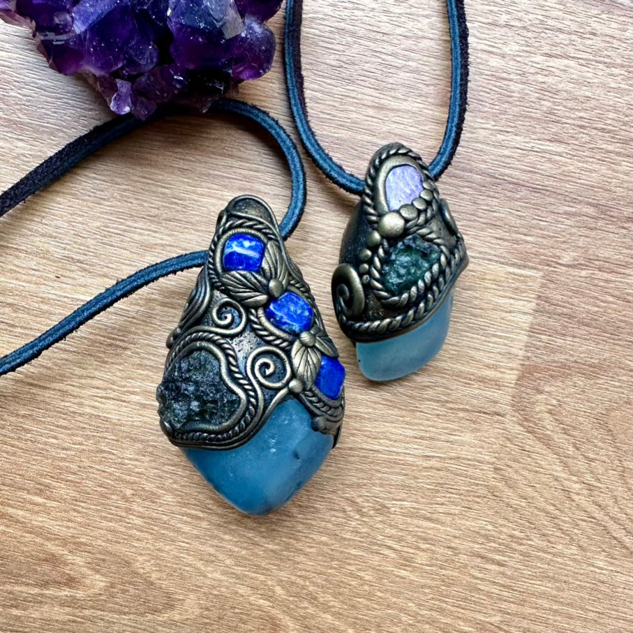 Aquamarine including Black Tourmaline Moldavite and Lapis Lazuli Crystal Pendant Necklace / Healing Crystal Talisman - FairyGardenGlow