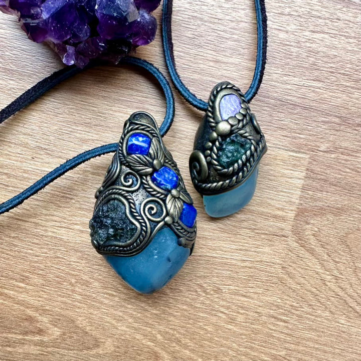 Aquamarine including Black Tourmaline Moldavite and Lapis Lazuli Crystal Pendant Necklace / Healing Crystal Talisman - FairyGardenGlow