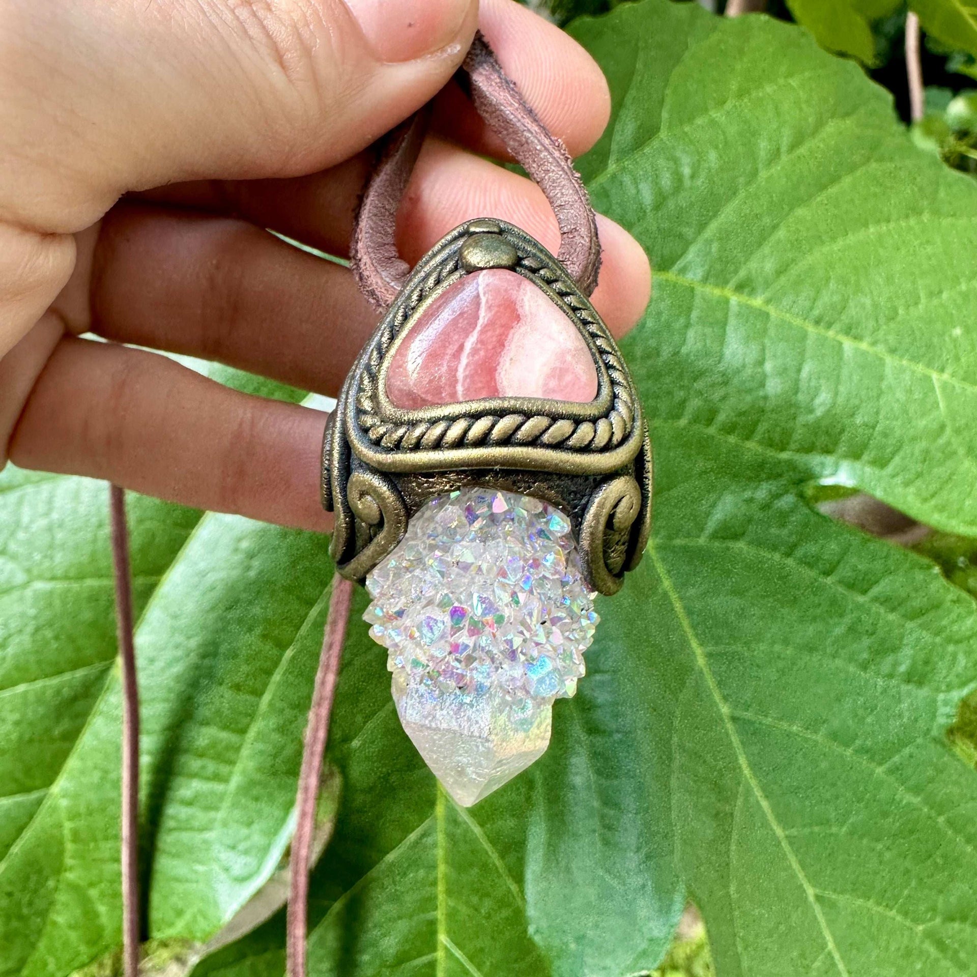 Angel Aura Spirit Quartz and Rhodochrosite Crystal Necklace - FairyGardenGlow