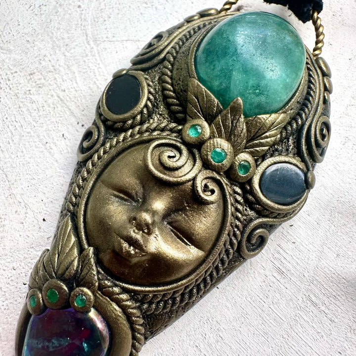 Divine feminine crystal jewelry featuring Fluorite, Emerald and Onyx