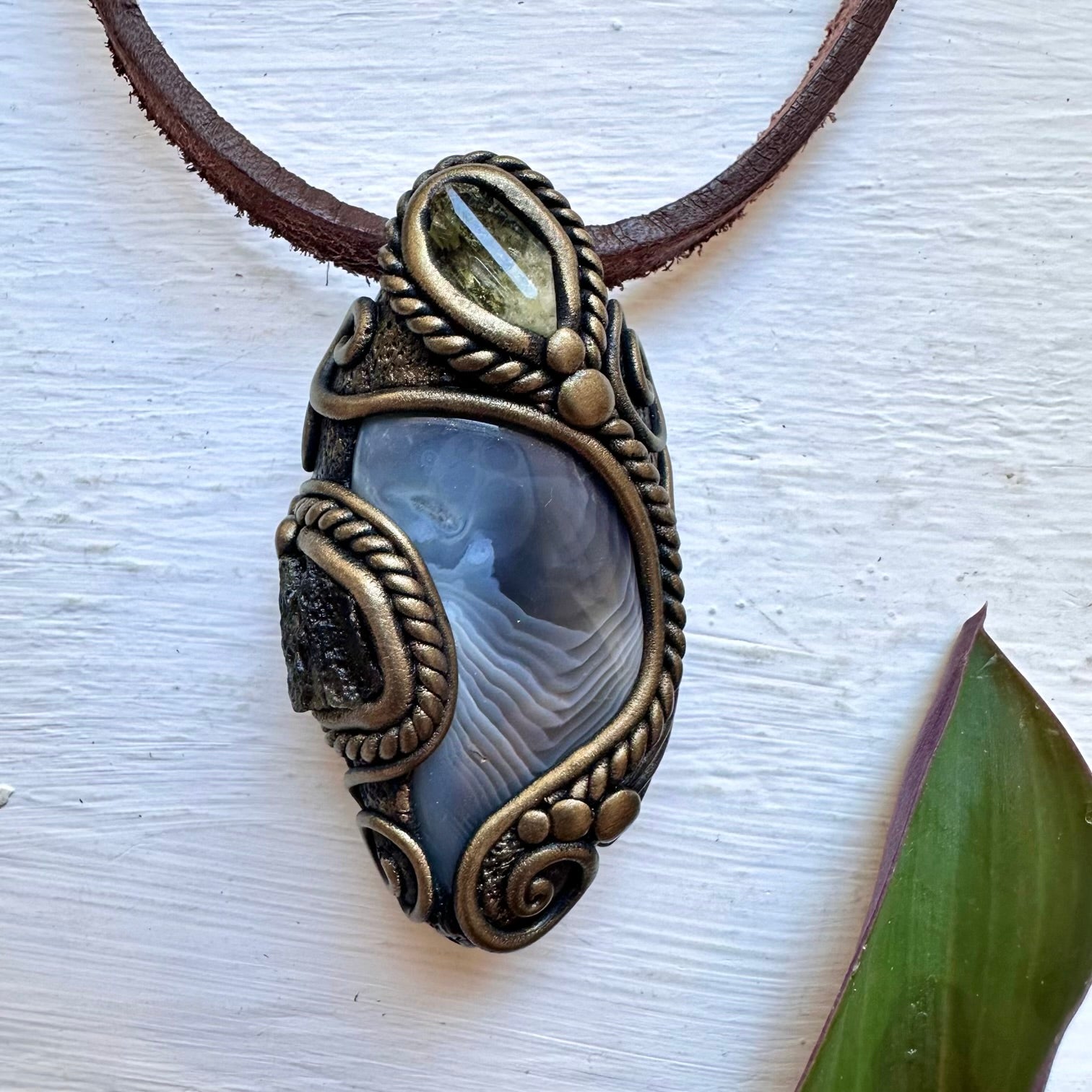 Botswana Agate Moldavite and Brazilianite Necklace, Unique Handmade Jewelry