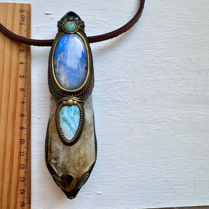 Citrine Moonstone Opal Larimar Aqua Aura Quartz and Blue Sapphire Crystal Wand / Pendant - FairyGardenGlow