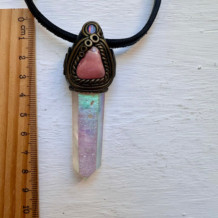 Angel Aura Quartz Rhodochrosite and Australian Opal Necklace - FairyGardenGlow