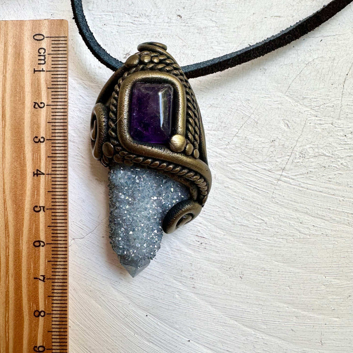 Aqua Aura Spirit Quartz and Amethyst Pendant Necklace - FairyGardenGlow
