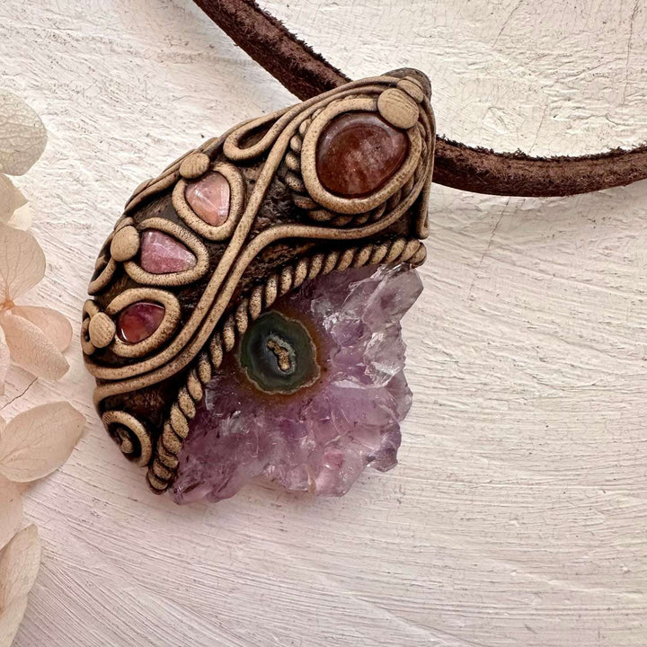 Amethyst Stalactite Sunstone and Pink Tourmaline Pendant Necklace - FairyGardenGlow