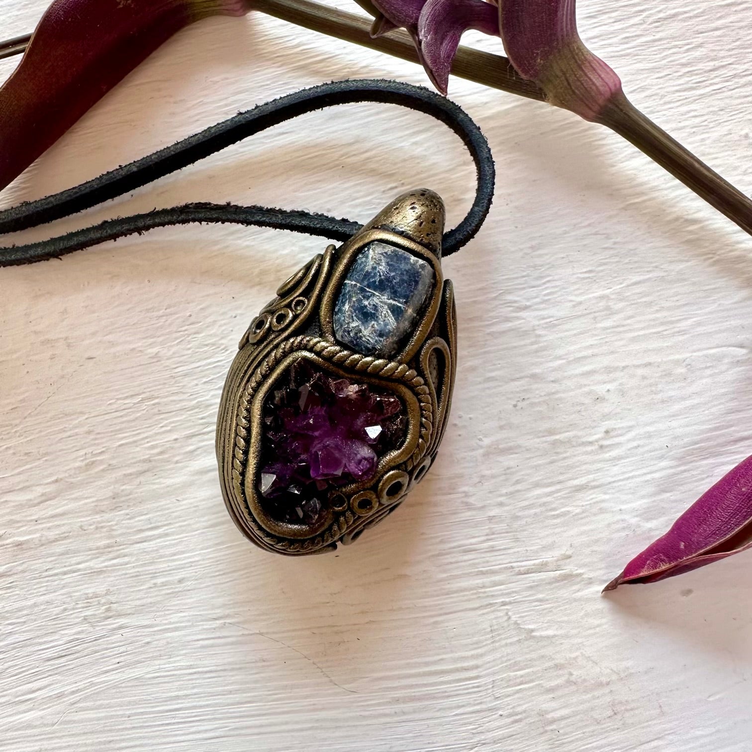 Amethyst Cluster and Raw Blue Sapphire Pendant Necklace - FairyGardenGlow