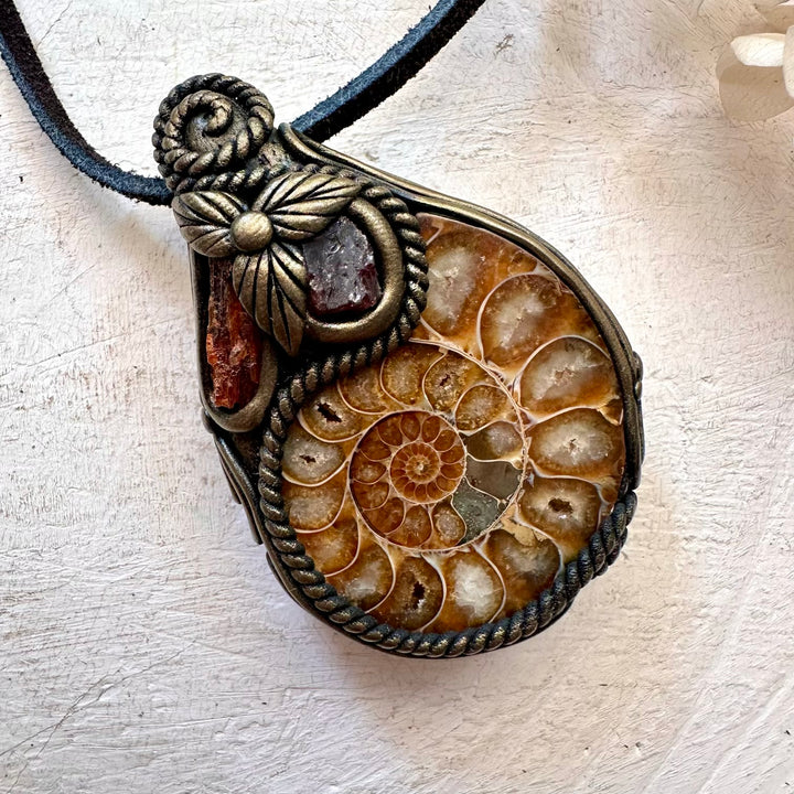 Ammonite Red Garnet and Orange Kyanite Pendant Necklace - FairyGardenGlow