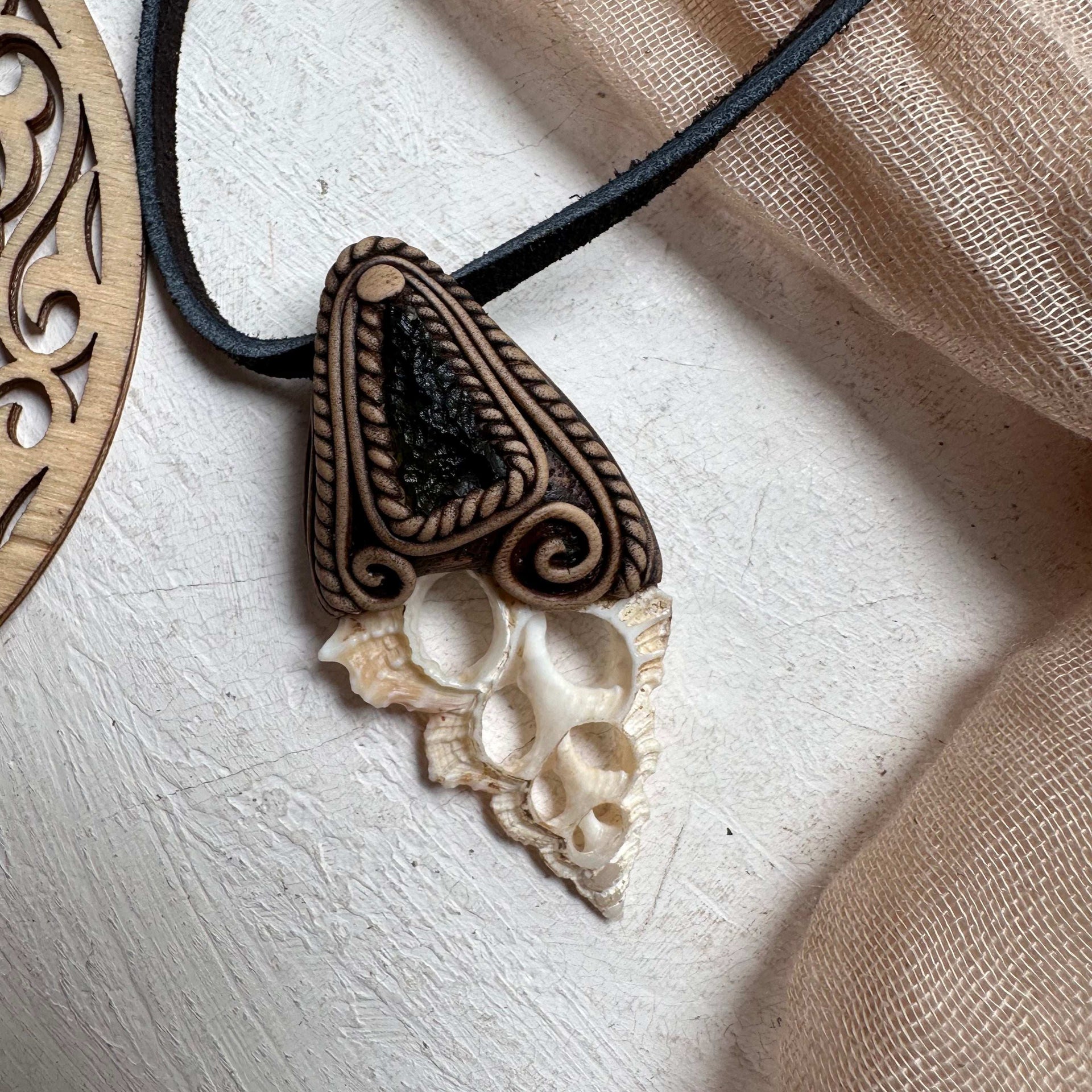 Seashell Slice and Moldavite Necklace - FairyGardenGlow