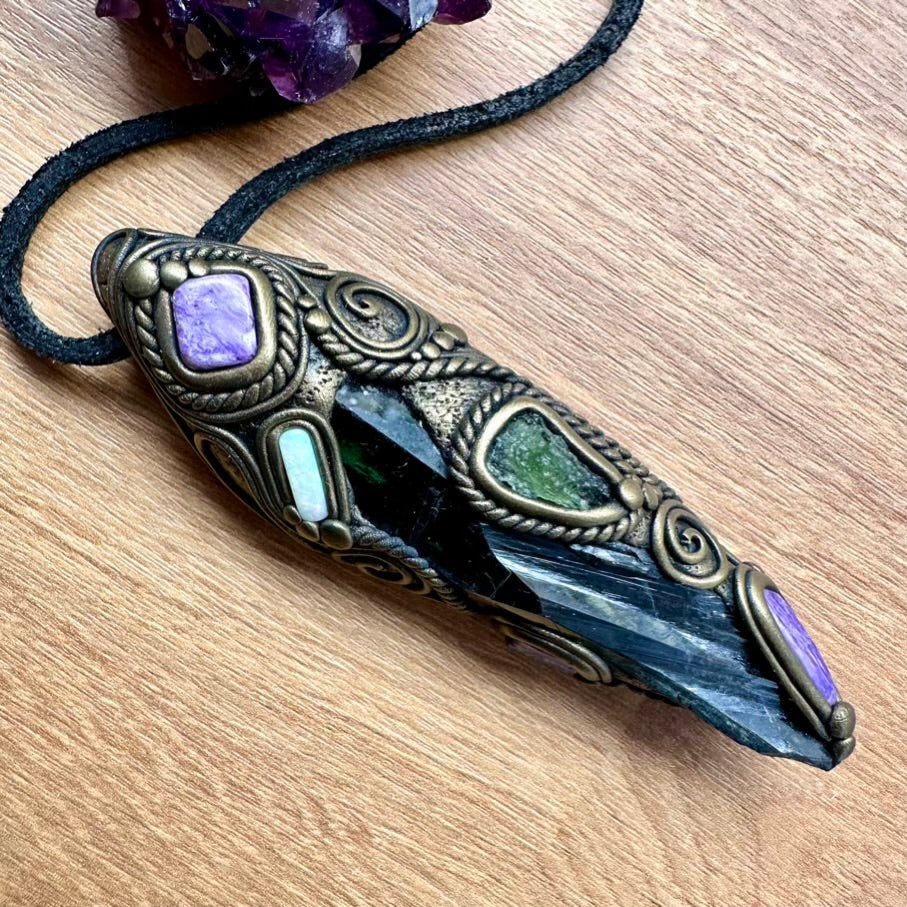 Gorgeous Vivianite with Moldavite, Charoite, Solid Australian Opal, and Lapis Lazuli Healing Crystal Wand-Pendant, Handmade Healing Crystal Talisman - FairyGardenGlow