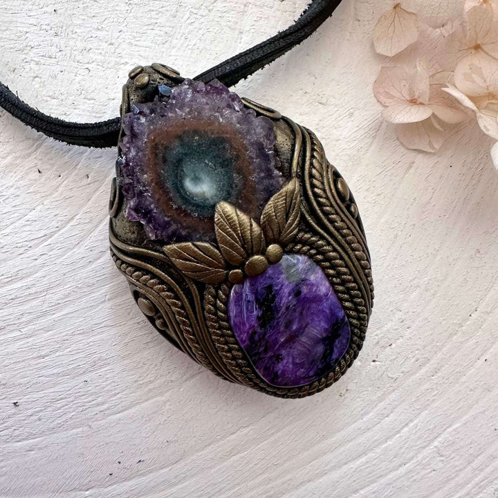 Charoite and Amethyst Stalactite Necklace - FairyGardenGlow