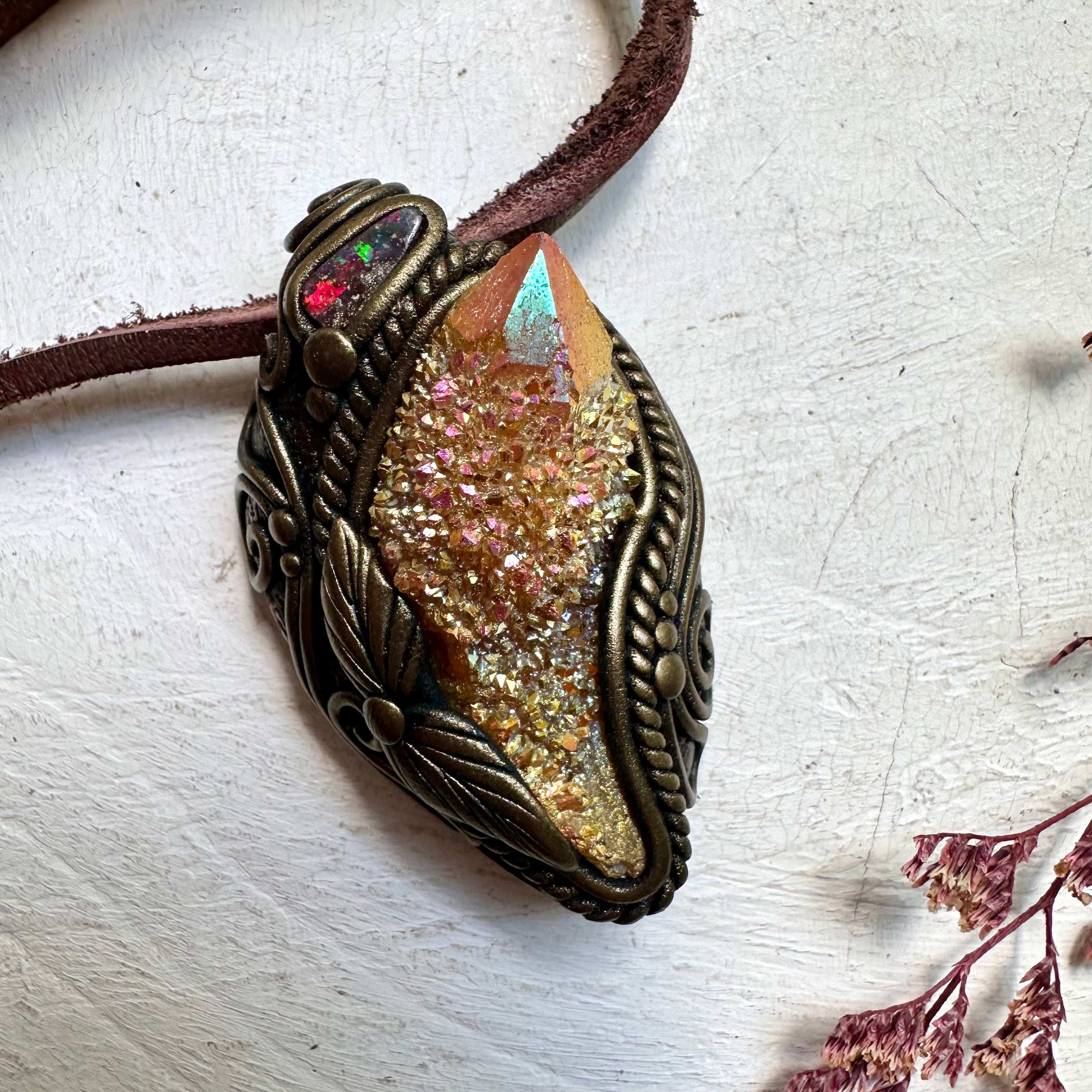 Sunset Aura Spirit Quartz and Boulder Opal Necklace - FairyGardenGlow