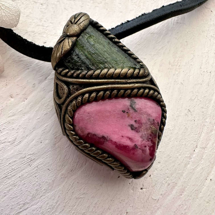 Rhodonite and Moldavite Pendant Necklace - FairyGardenGlow