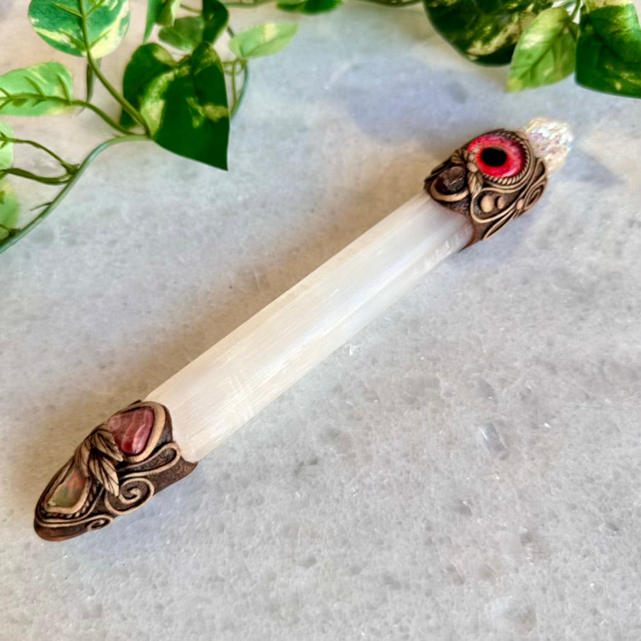 Selenite Crystal Wand, Angel Aura Spirit Quartz Red Garnet Raw Opal and Rhodochrosite Handmade Healing Crystal Wand - FairyGardenGlow