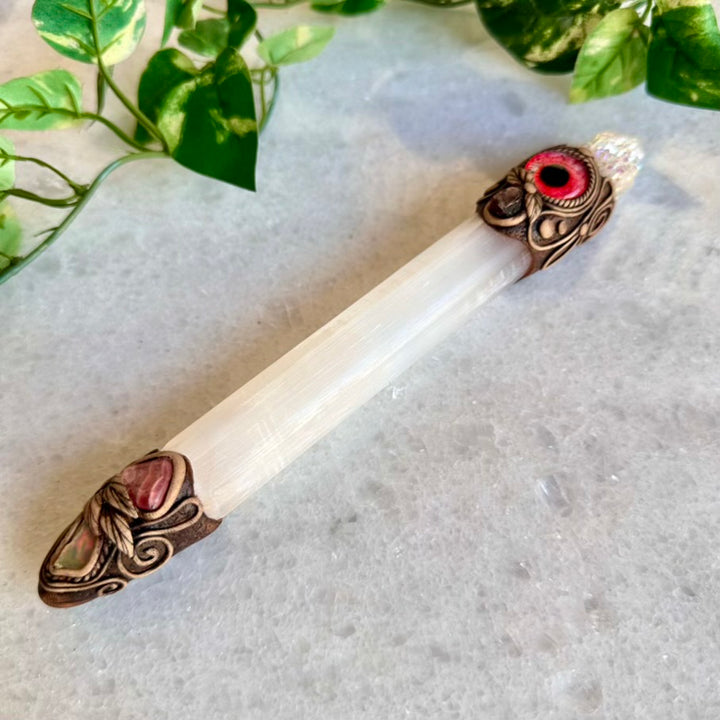 Selenite Crystal Wand, Angel Aura Spirit Quartz Red Garnet Raw Opal and Rhodochrosite Handmade Healing Crystal Wand - FairyGardenGlow