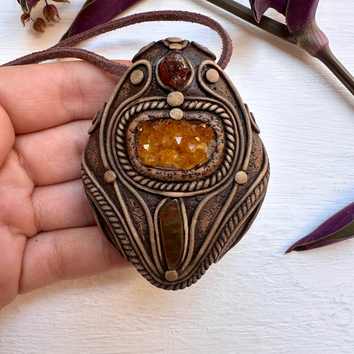 Citrine Cluster Ammolite and Hessonite Garnet Necklace - FairyGardenGlow