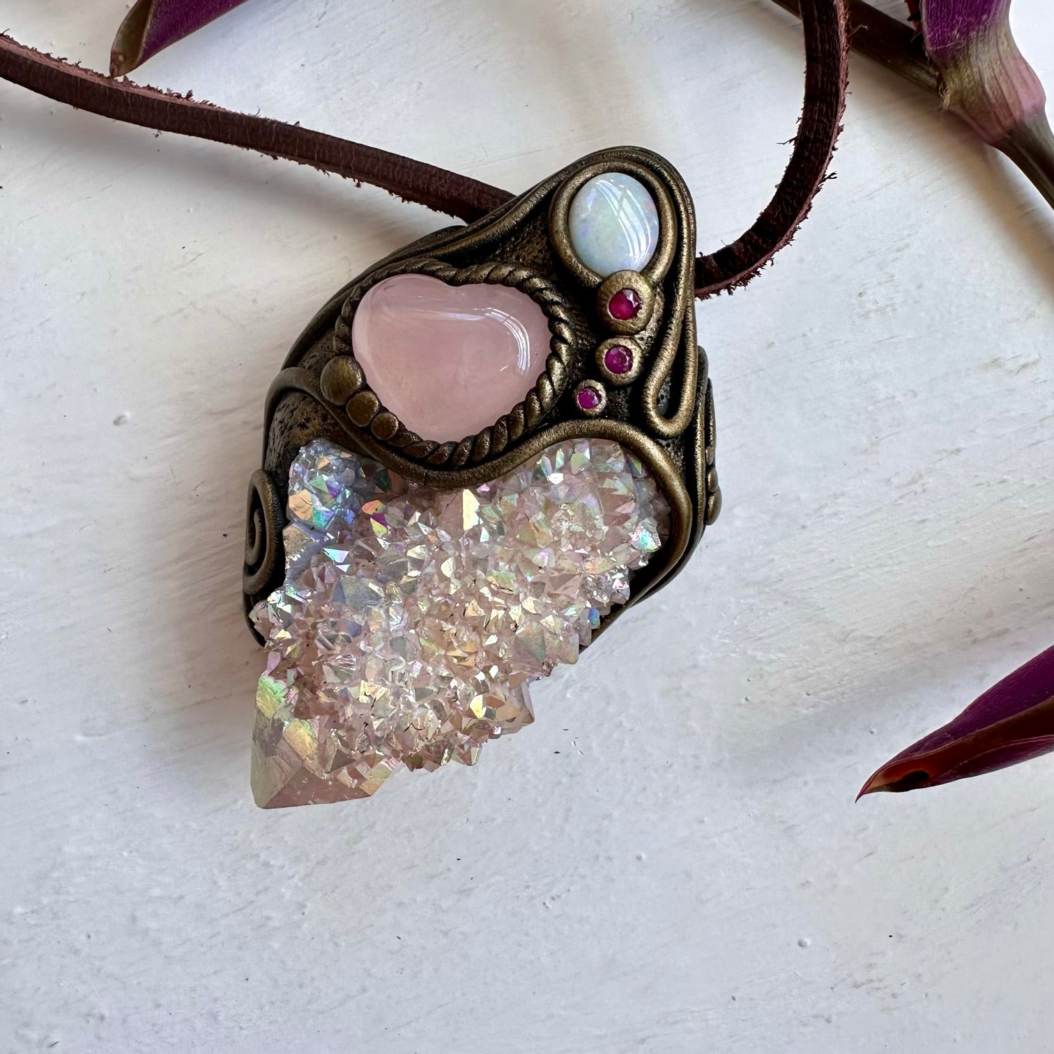 Angel Aura Spirit Quartz Rose Quartz Heart Australian Opal and Ruby Wand / Necklace - FairyGardenGlow
