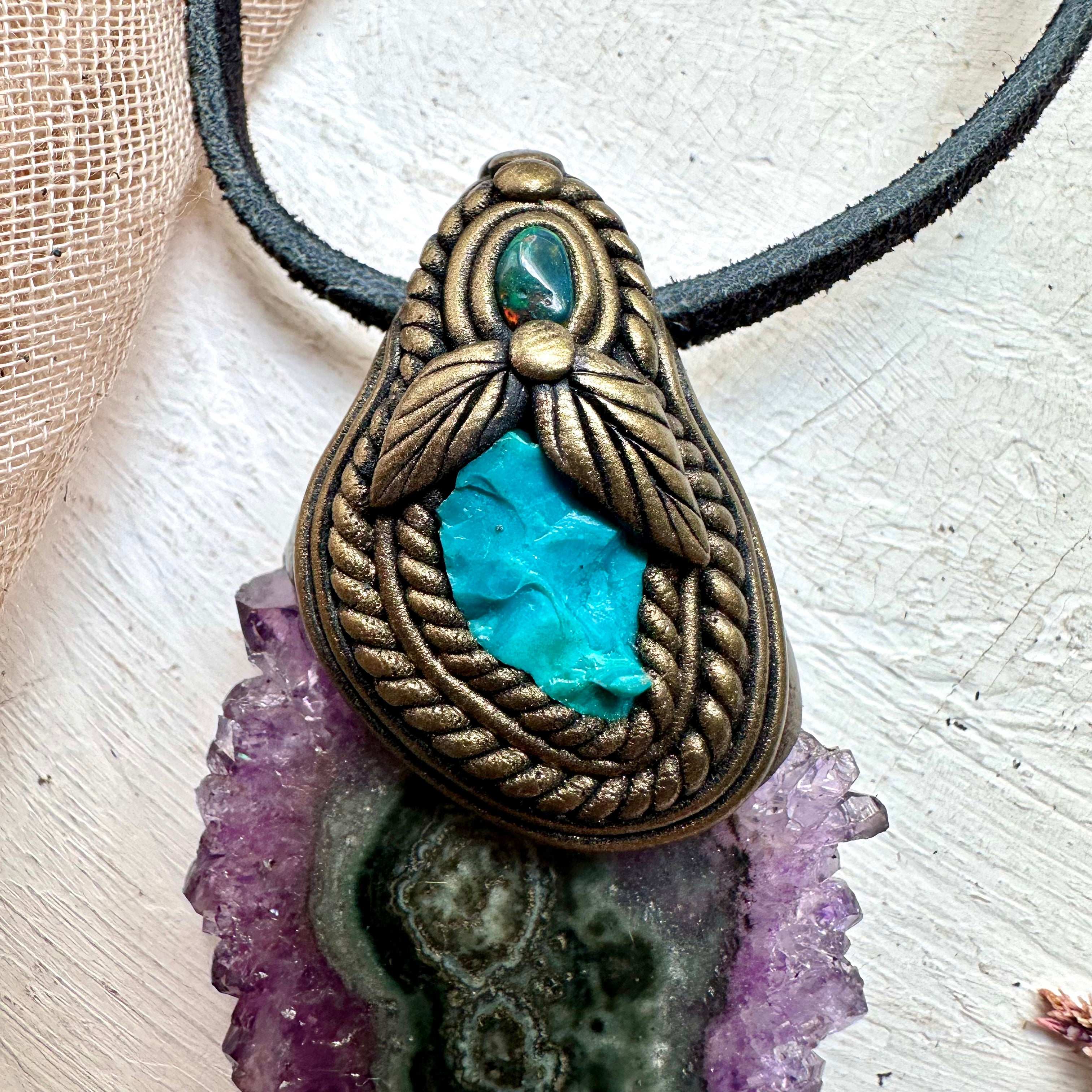 Amethyst Stalactite Raw Chrysocolla and Black Opal Necklace - FairyGardenGlow