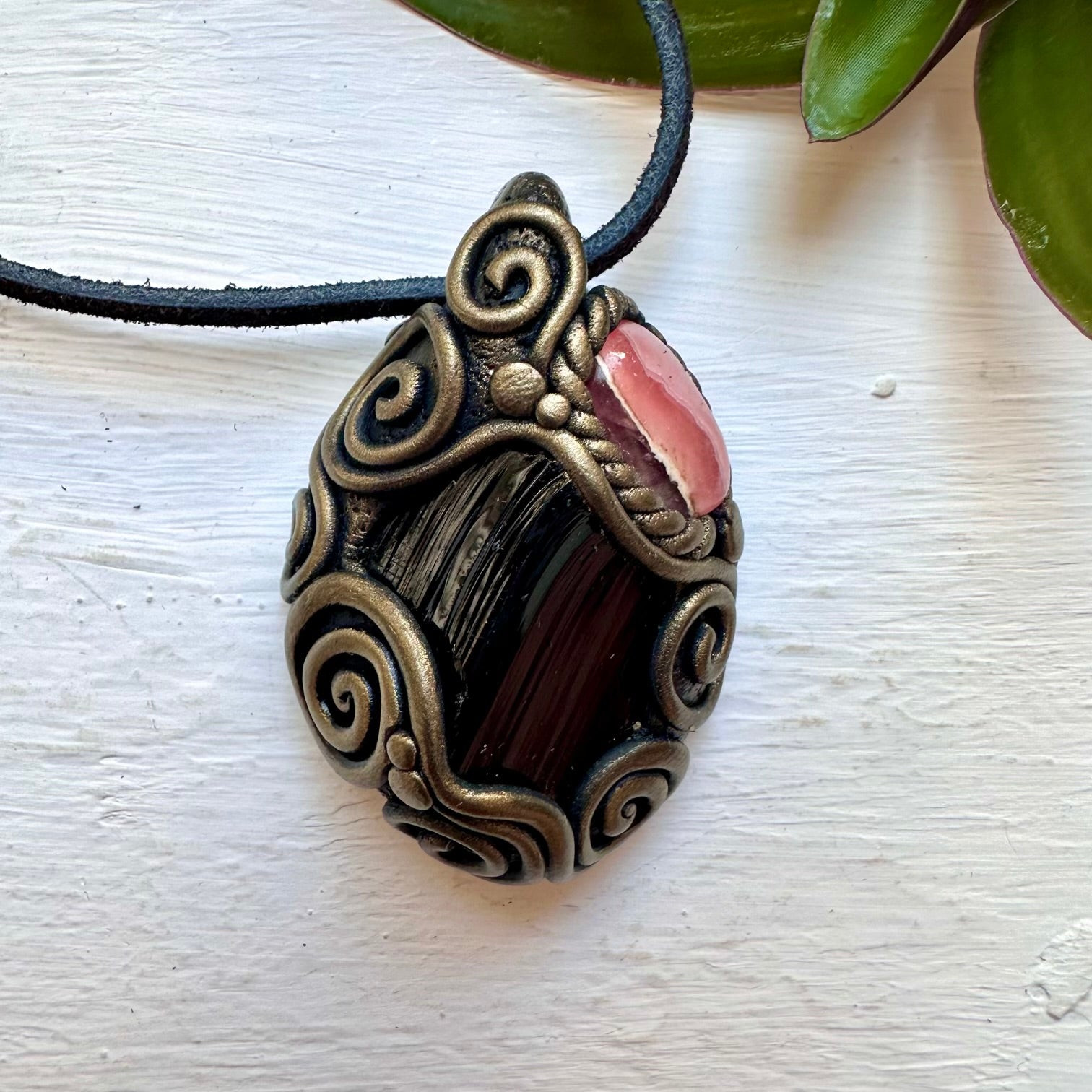 Black Obsidian and Rhodochrosite Necklace - FairyGardenGlow