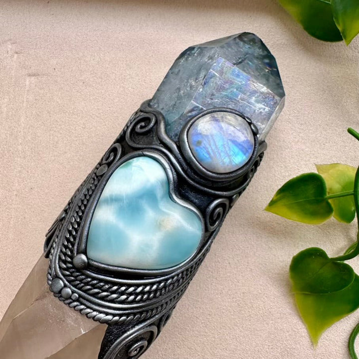 Large Healing Crystal Wand with Lemurian Seed Quartz, Aqua Aura Quartz, Larimar Heart and Rainbow Moonstone FairyGardenGlow