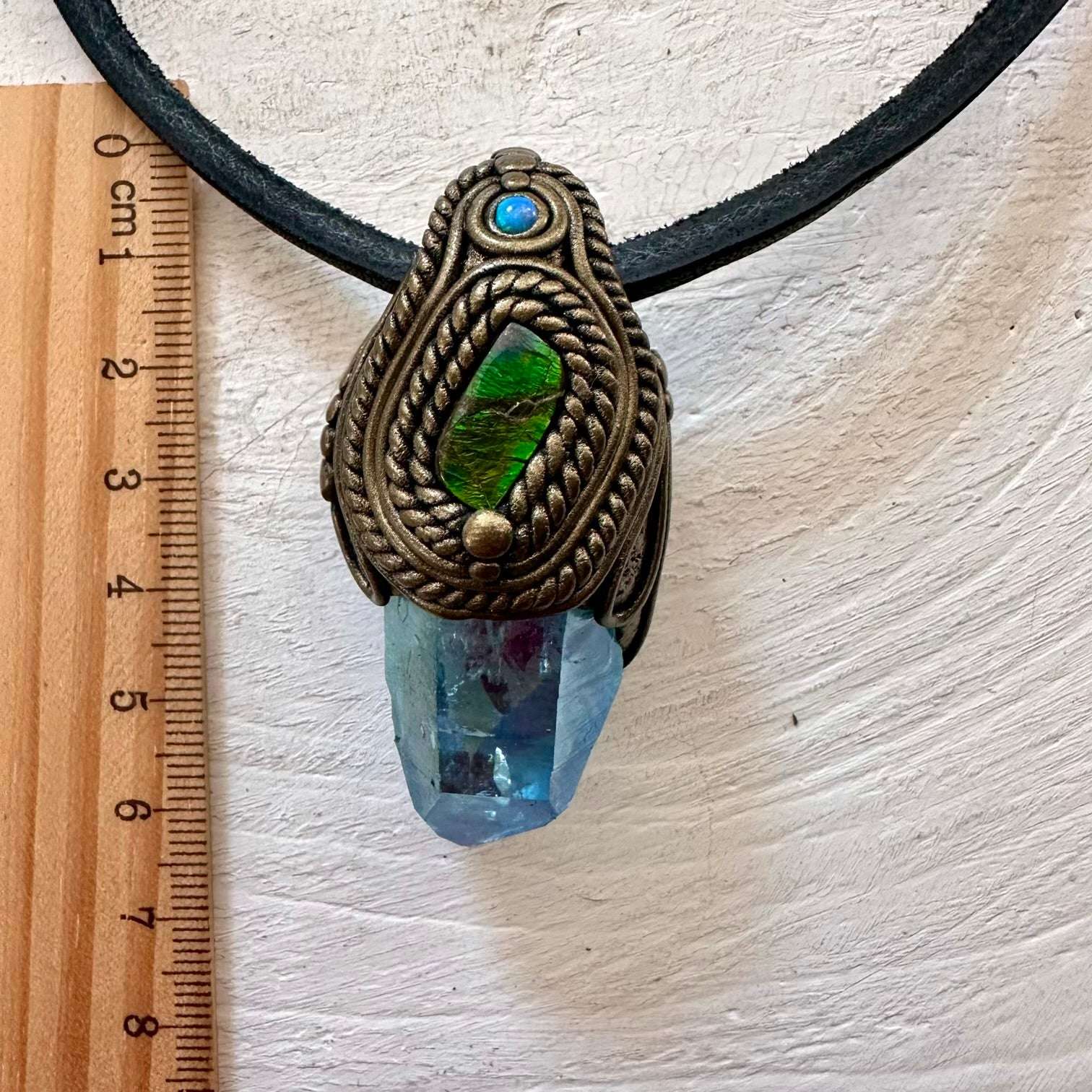 Aqua Aura Quartz Ammolite and Australian Opal Pendant Necklace - FairyGardenGlow