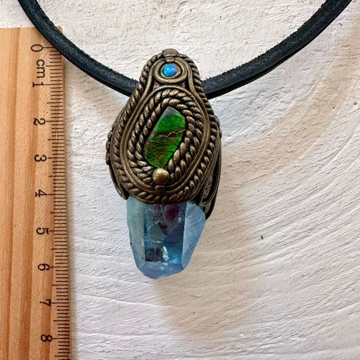 Aqua Aura Quartz Ammolite and Australian Opal Pendant Necklace - FairyGardenGlow