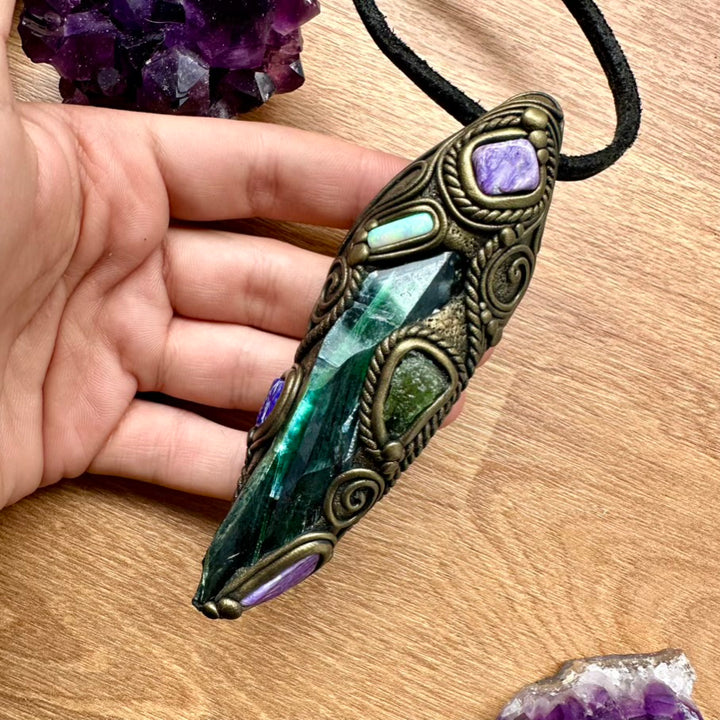 Gorgeous Vivianite with Moldavite, Charoite, Solid Australian Opal, and Lapis Lazuli Healing Crystal Wand-Pendant, Handmade Healing Crystal Talisman - FairyGardenGlow