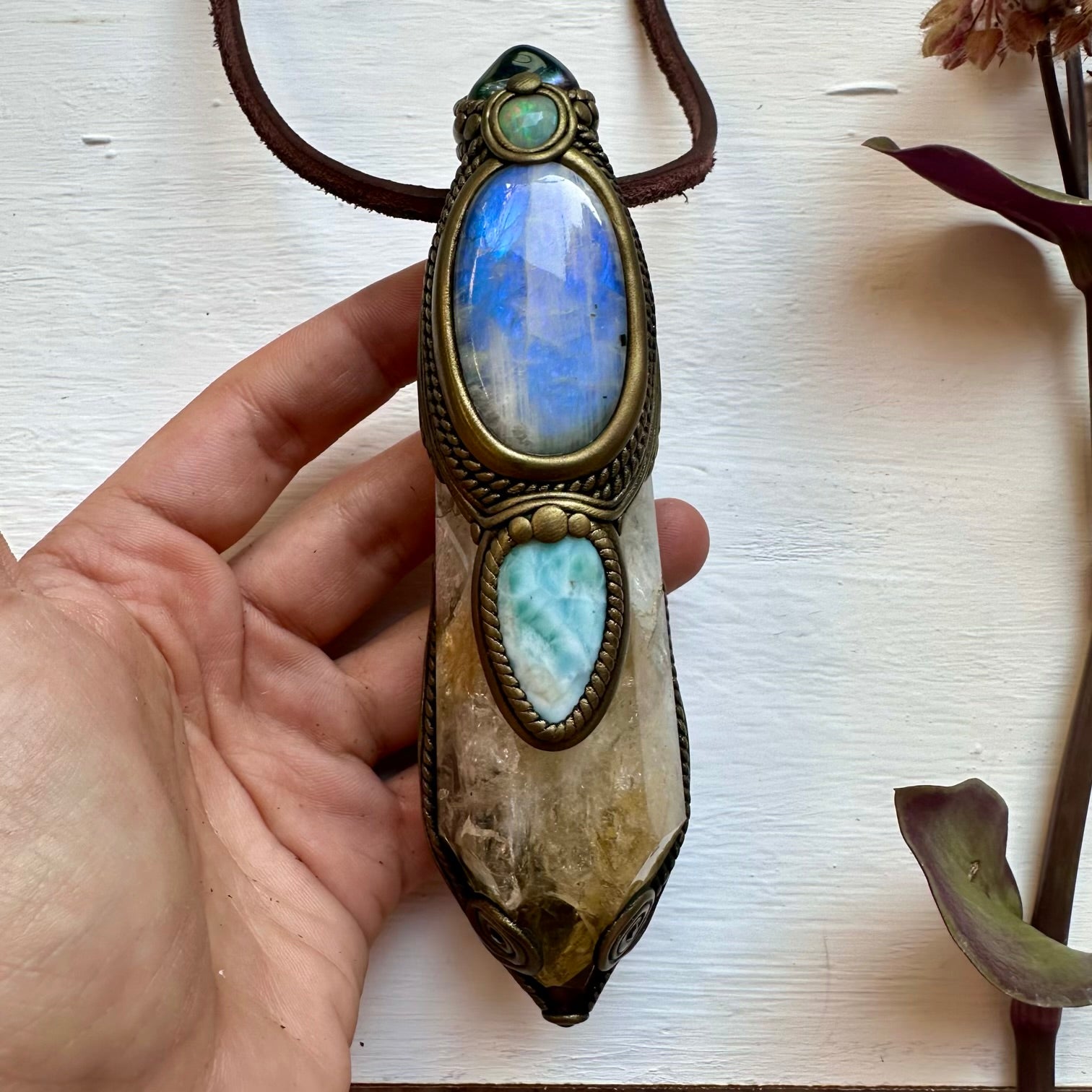 Citrine Moonstone Opal Larimar Aqua Aura Quartz and Blue Sapphire Crystal Wand / Pendant - FairyGardenGlow