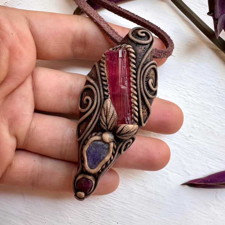 Pink Tourmaline Tanzanite and Ruby Necklace - FairyGardenGlow