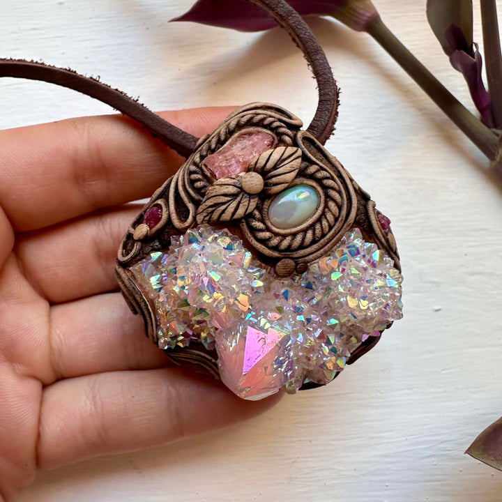 Angel Aura Spirit Quartz Spinel Australian Opal and Ruby Pendant Necklace - FairyGardenGlow