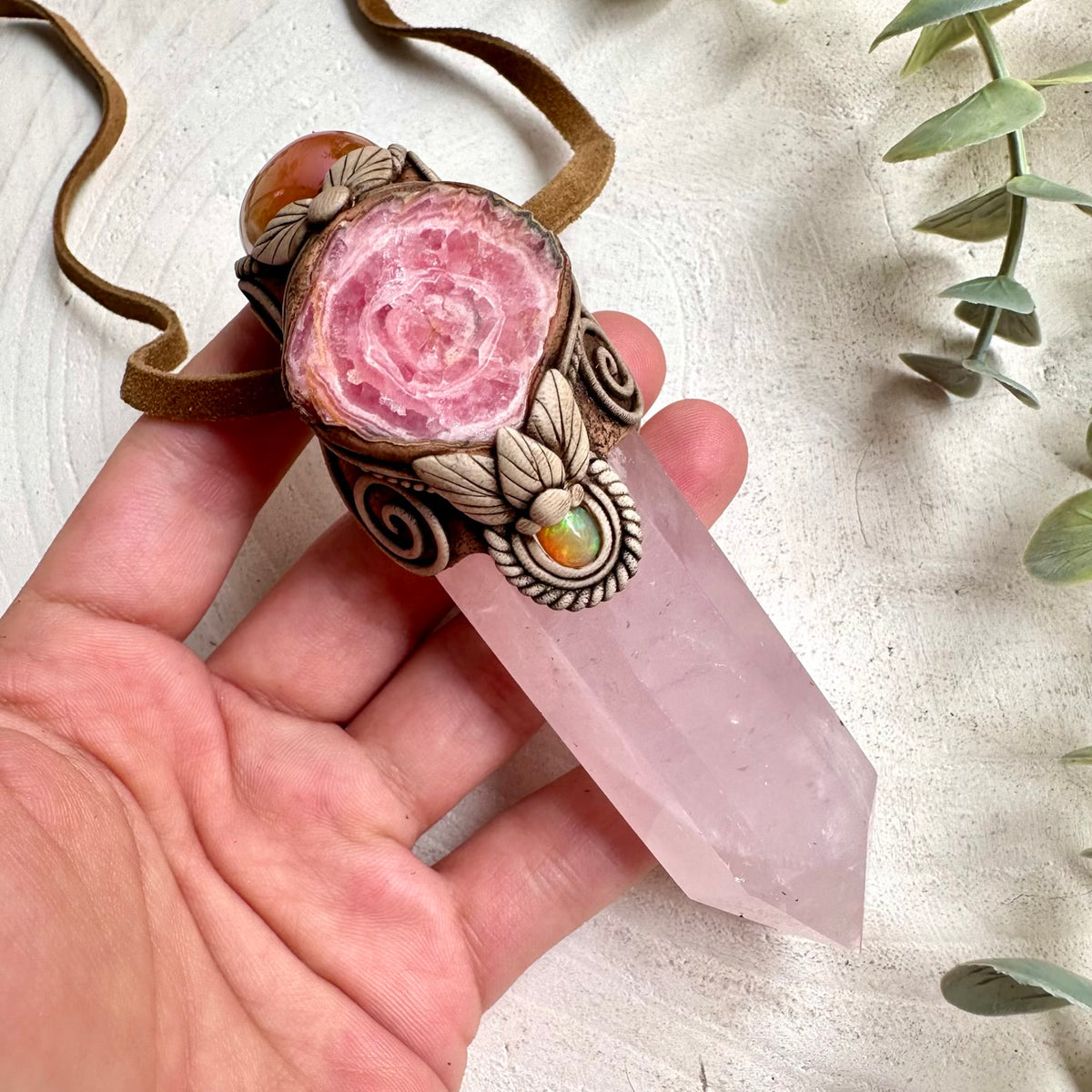 Rose Quartz with Sunset Aura Quartz, Rhodochrosite and Ethiopian Opal Wand / Pendant Necklace