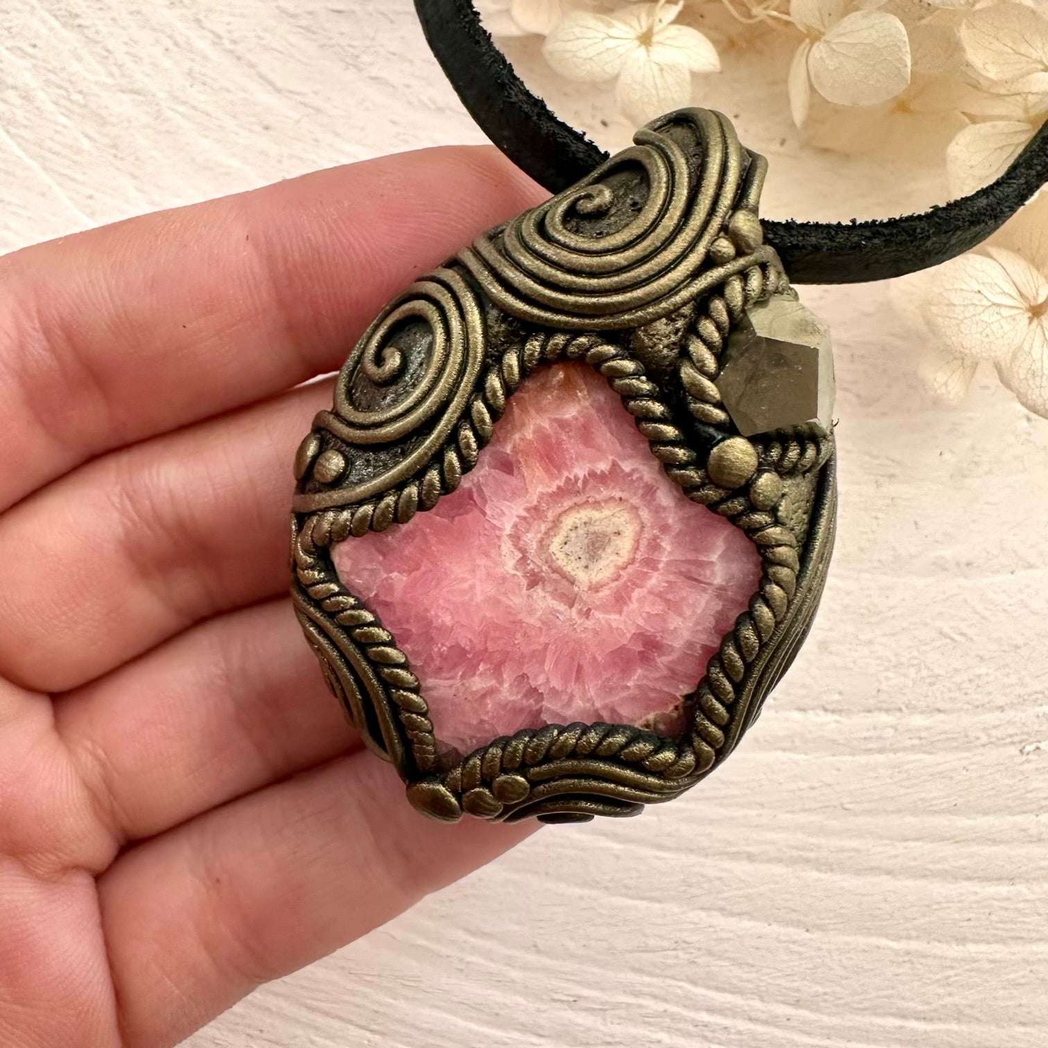 Rhodochrosite and Pyrite Pendant Necklace - FairyGardenGlow