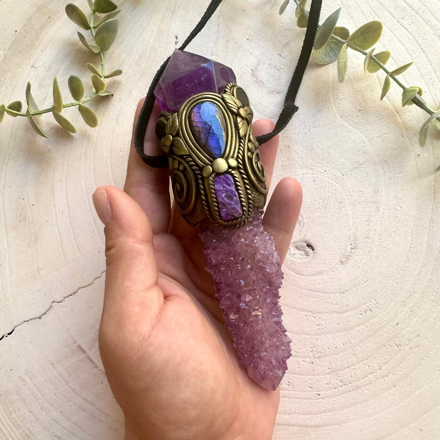 Handmade unique crystal wand necklace with Amethyst, Labradorite, Charoite and Black Onyx.