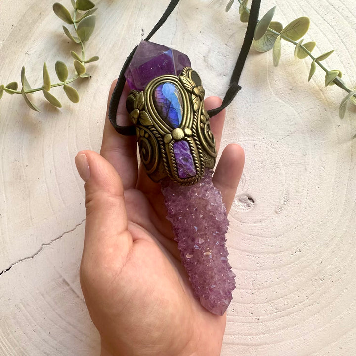 Handmade unique crystal wand necklace with Amethyst, Labradorite, Charoite and Black Onyx.