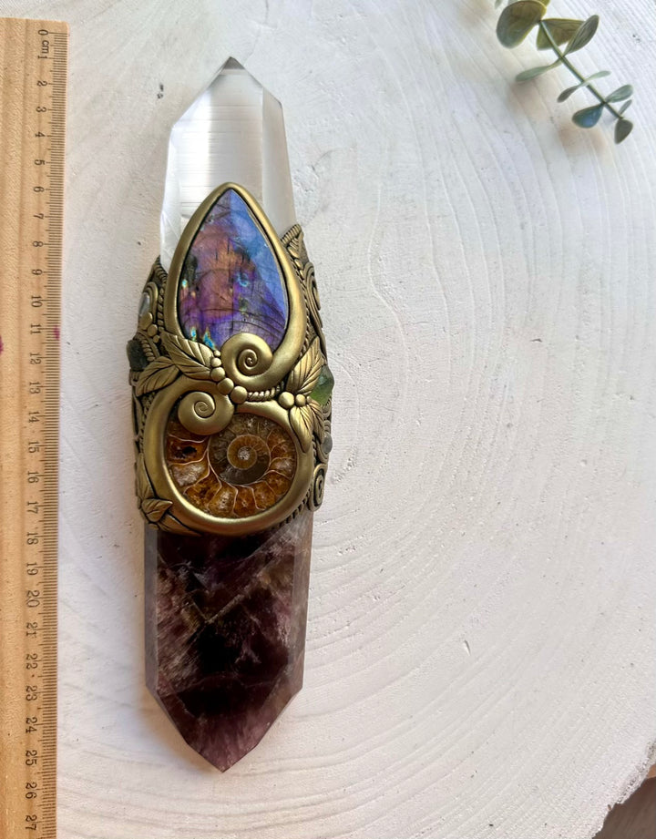 Handmade Super Seven Quartz crystal wand with Lemurian Seed Quartz, Labradorite, Ammonite, Moldavite, Peridot and Clear Topaz.
