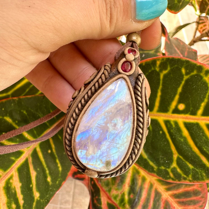 Rainbow Moonstone and Ruby Necklace - FairyGardenGlow
