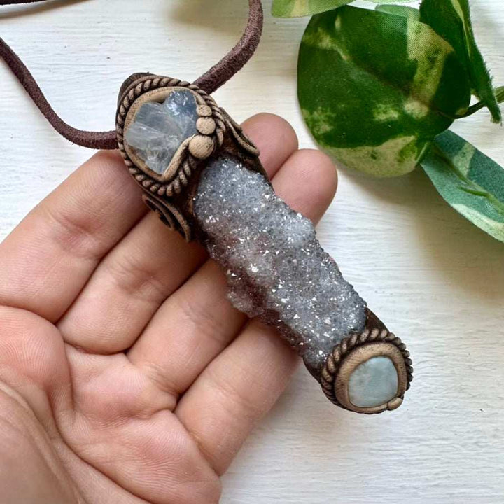 Aqua Aura Spirit Quartz Blue Calcite and Larimar Pendant Necklace - FairyGardenGlow