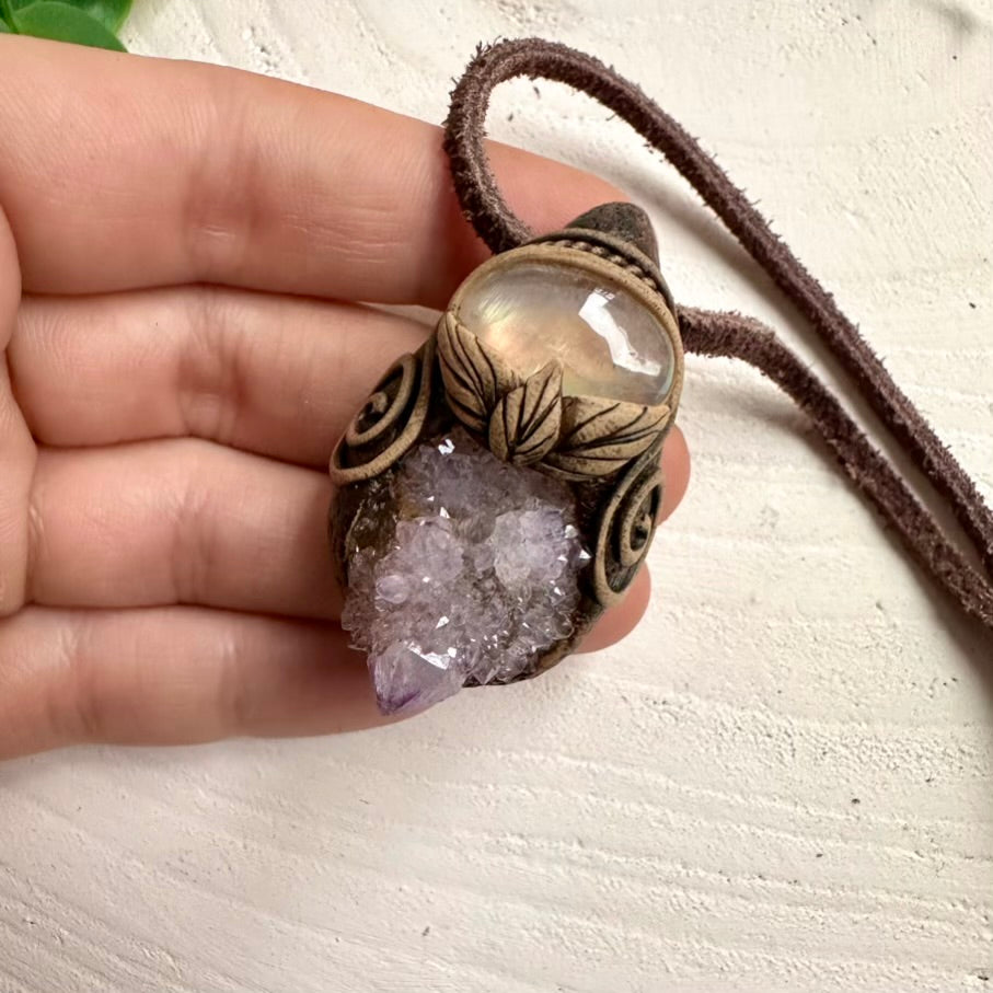 Spirit Quartz and Rainbow Moonstone Pendant Necklace